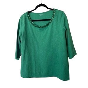 Coldwater Creek $75 2X Green Sequin Neck 3/4 Sleeve 100% Cotton Knit Top